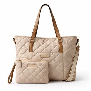 Anne Klein Quilted Nylon Tote Bag Sesame With Pouch Shoulder Travel Work